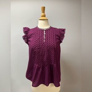 Loft blouse medium petite - plum swiss dot and flutter sleeve